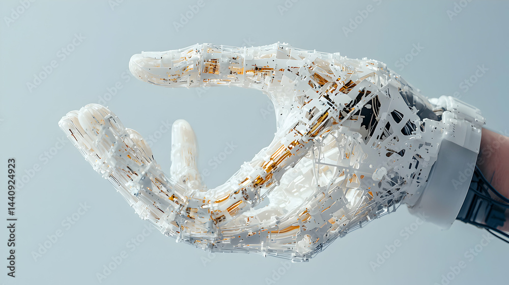 Poster a futuristic robot hand design with intricate details and a focus on technology. ideal for science f