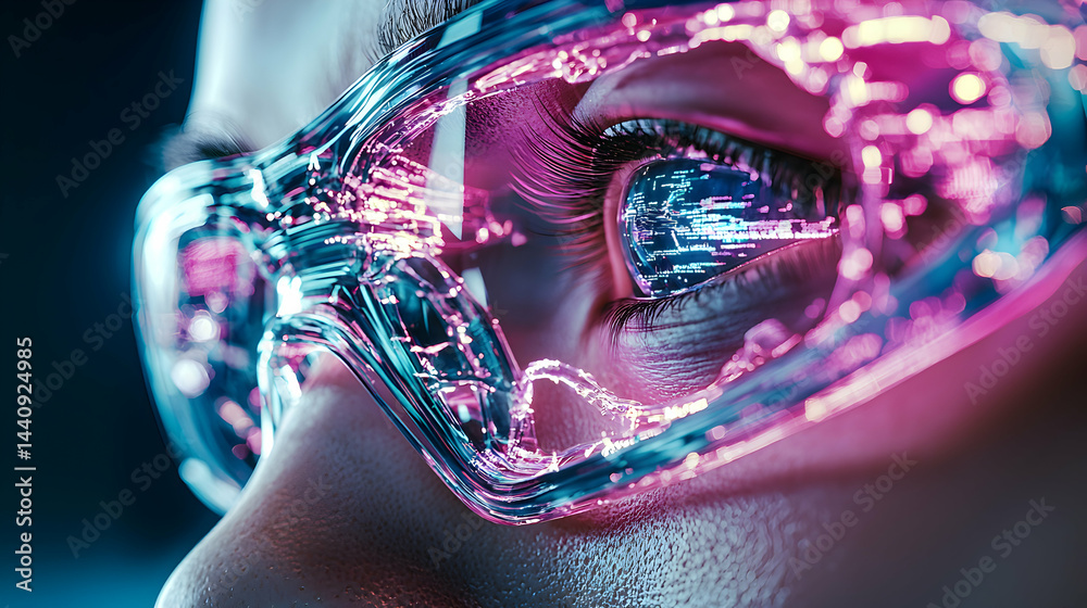Poster futuristic vision of augmented reality glasses displaying data. ideal for tech innovation visuals. s