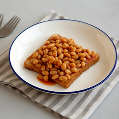 Homemade English Beans on Toast, side view.