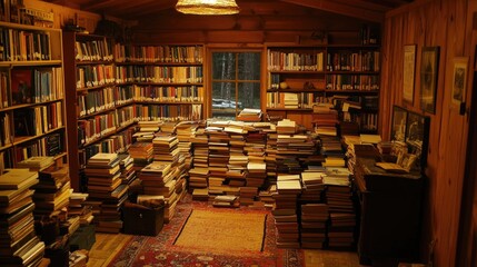 Obraz premium Interior of a small rural library with wood-paneled walls and stacks of books under warm lighting