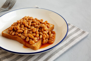 Homemade English Beans on Toast, side view.