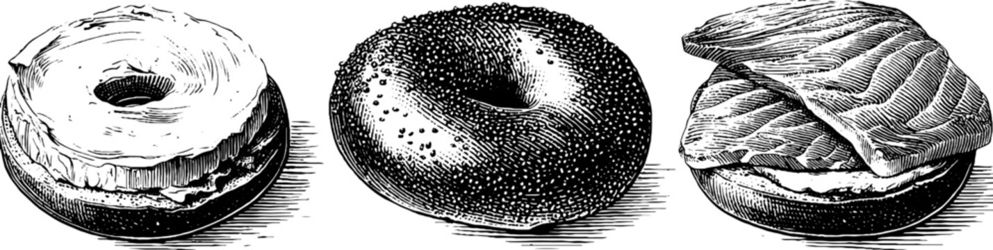 Vintage engraving of bagels with cream cheese and lox for culinary design