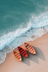 Fototapeta premium Three Wooden Boats on Sandy Beach, Turquoise Ocean Waves