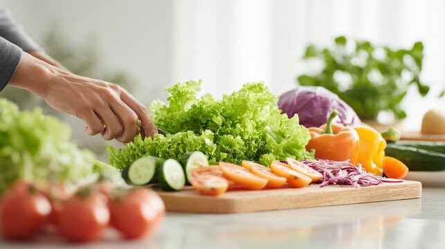 Fresh Salad Preparation: A hand reaches for a cluster of fresh lettuce, adding it to a vibrant array of sliced vegetables ready for a healthy and flavorful salad.