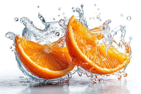 Orange slices with a water splash and droplets, showing freshness and a burst of citrus flavor, isolated on a diffrent collers or white background.