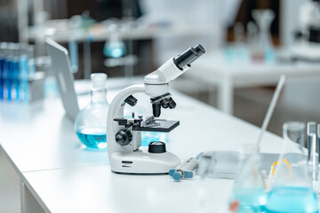 Laboratory microscope for scientific research in medical laboratory, biotechnology innovation, drug development, pharmaceutical diagnostics, health science, and microbiological analysis