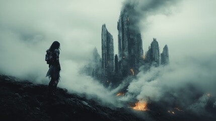 Obraz premium Post-Apocalyptic Wanderer: A Solitary Figure Contemplates a Burning Cityscape