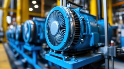 Blue motors, aligned, industrial equipment and engineering