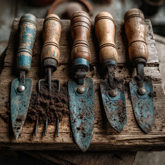 Gardening tools with soil on wooden background, rustic style, gardening essentials, 