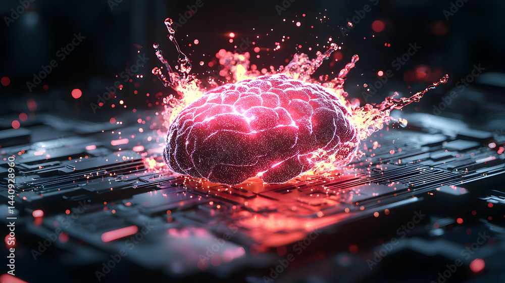 Poster glowing brain on circuit board representing artificial intelligence innovation or a creative breakth