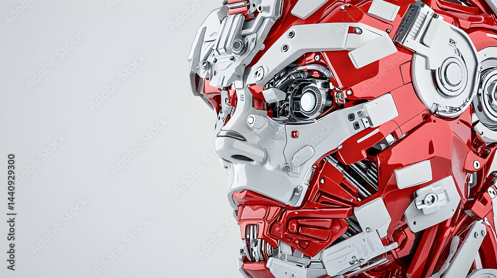 Poster a futuristic robot face with glossy red and white components. ideal for sci-fi projects or tech-rela