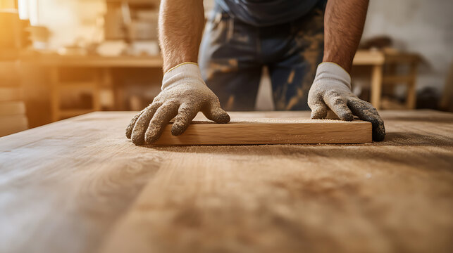Carpenter Sanding a Wooden Plank in Workshop
