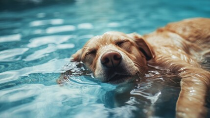 Adorable Labrador Retriever Resting Peacefully in Pool Water. Summer Relax During Vacation In Sunny Day