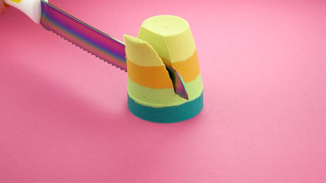 Very Satisfying and Relaxing Kinetic Sand ASMR video. Cutting anti stress macro close up colorful Kinetic Sand with a Knife. ASMR sounds.