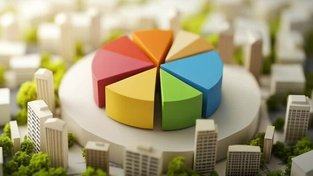 Colorful Pie Chart Showing Business Market Share in a Miniature Cityscape Concept