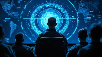 Military Team Analyzing Global Data on a High-Tech Screen Displaying World Map