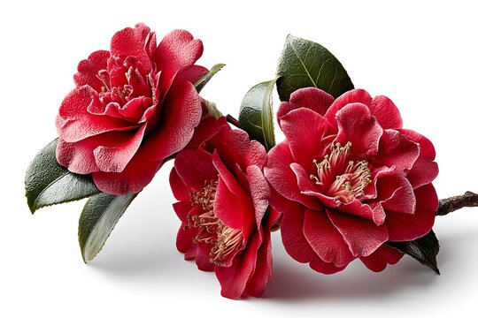 Red camellia flowers with green leaves, isolated on a diffrent collers or white background, showcasing natural beauty and elegance.
