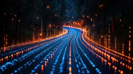 Obraz premium Night Drive Through a Digital Forest: A Journey into Technological Advancement