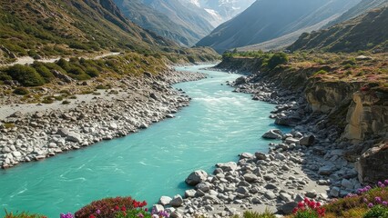 aesthetic nature, 4k nature wallpaper 4k, wallpaper nature images, nature background images | Himalayan River & Wildflowers View – 16:9 PC Laptop Nature Wallpaper HD