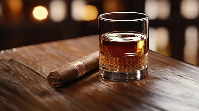 Golden-hued whiskey and cigar rest on rustic wood in warm ambiance
