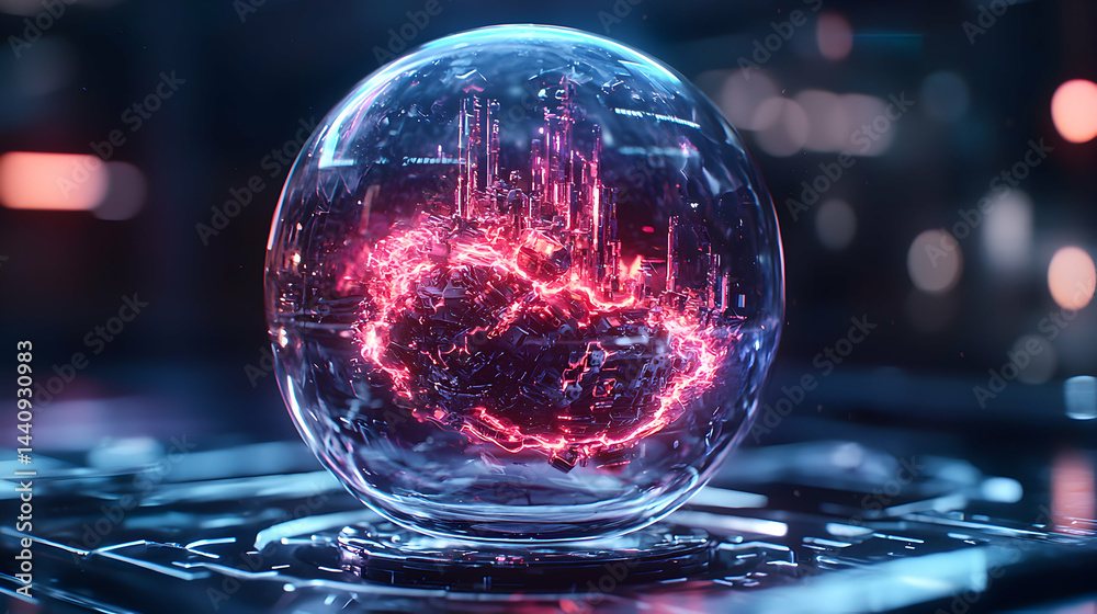 Poster a glowing futuristic sphere with an internal energy core. possible applications include data visuali