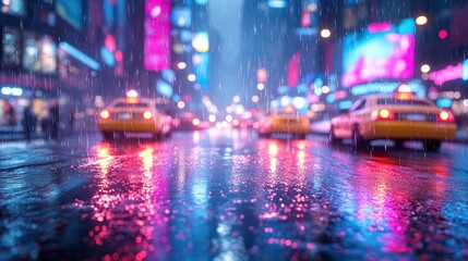 Rainy Night in the City: Neon Lights Reflecting on Wet Streets
