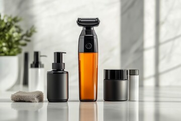 Modern men's grooming products set on a bathroom counter with natural light.