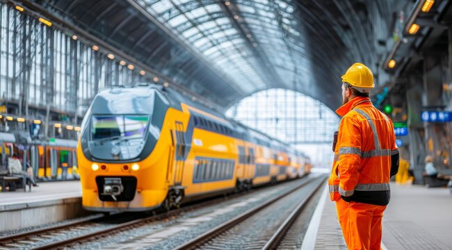 Railway Engineer Inspecting Train on Platform – Transportation Infrastructure Maintenance and Safety Inspection at Train Station.