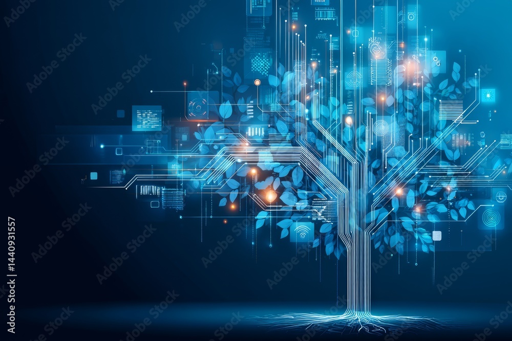 Poster futuristic circuitry network visualization - glowing blue technology background with interconnected 