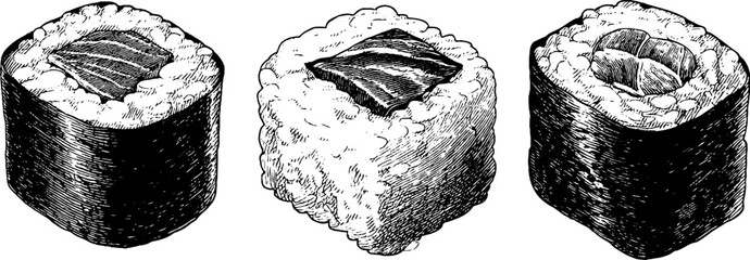 Engraved illustration of tuna maki and salmon sushi for culinary design