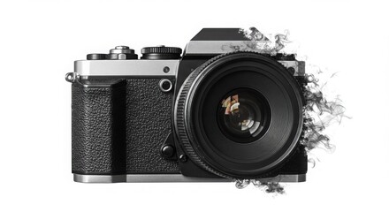 Camera with smoke effect on white background