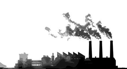 Obraz premium Industrial factory silhouette with smoke against white background