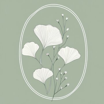 Ginkgo biloba illustration in oval frame. Botanical art print
