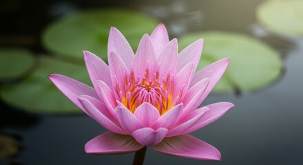 Close-up of a bright pink water lily flower floating elegantly on dark water, with dew drops on the petals and reflection in the water, surrounded by green leaves. Tenderness and purity
