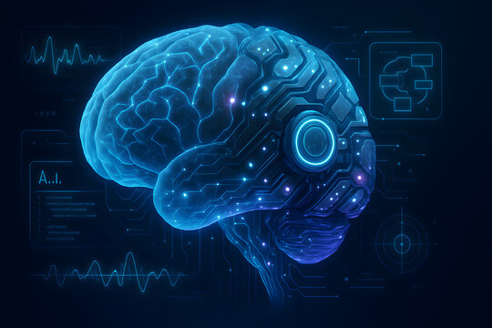 Futuristic digital illustration of a human brain with neural connections and artificial intelligence technology background


