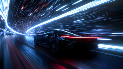 A high-performance electric car zooming through a futuristic neon-lit tunnel.