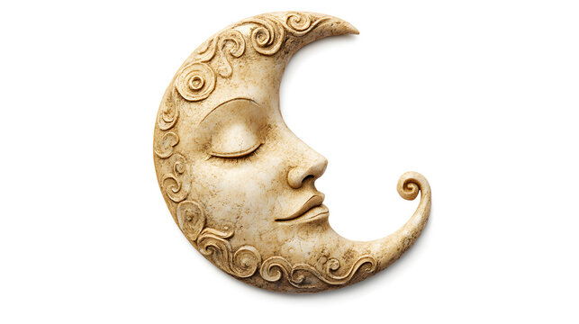 Crescent moon face, stone carving, celestial ornament, beige texture, profile view, whimsical design