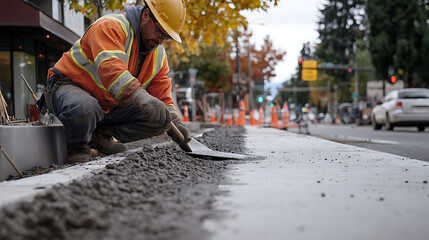 Construction Worker Smoothing Concrete on Sidewalk