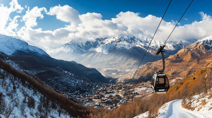Mountain Cable Car Ride Over Snowy Peaks