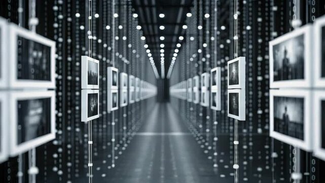 A futuristic gallery with illuminated frames and a backdrop of flowing binary code, creating a digital art experience.