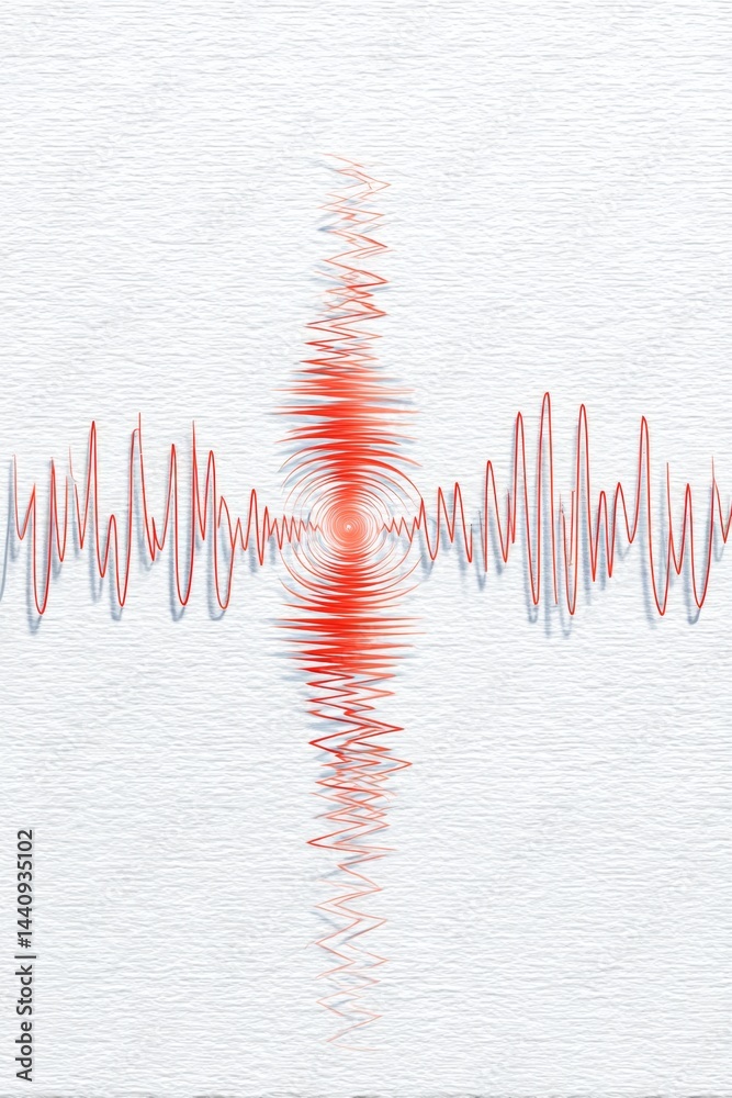 Poster abstract red waveform visualization: data flow, audio spectrum, or energy pulse graphic design eleme