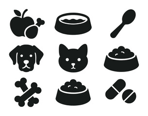 Plakat Pet care solid icons set – silhouette style animal food, nutrition, and accessories symbols for veterinary and lifestyle design: dog, cat, food bowl, bone, apple, spoon, pills