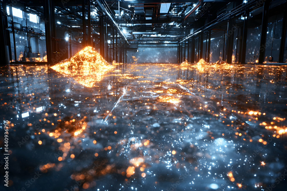 Poster a futuristic industrial scene is awash in glowing light. this could represent advanced technology or