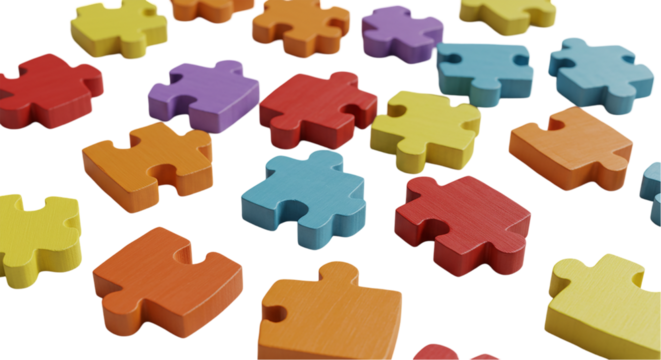 A scattered collection of colorful puzzle pieces laying on a surface under soft lighting conditions