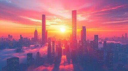 Cityscape at sunset with clouds and tall buildings