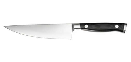 Professional chef's knife with silver blade and ebony wood handle shows sharp edge and clean design, top-down view, on a transparent background, PNG image, PNG file.