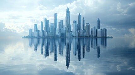 Cityscape reflects in still water, under a cloudy sky