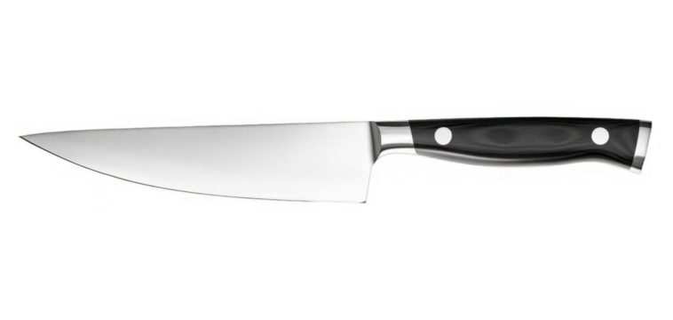 Professional chef's knife with silver blade and ebony wood handle shows sharp edge and clean design, top-down view, on a transparent background, PNG image, PNG file.