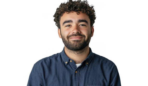 Portrait of smiling Latino man with curly hair, expressing positive emotion, wearing casual shirt, looking at camera on a transparent background, PNG image, PNG file.