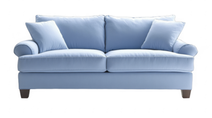 Elegant light blue loveseat, featuring matching pillows, offers comfortable seating and a modern aesthetic. Interior furnishings showcase style on a transparent background, PNG image, PNG file.